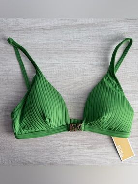 Michael Kors Women's Green Ribbed Hardware V-Neck Bikini Top Size Medium